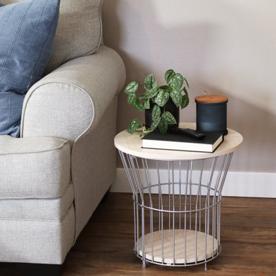 Table de bout à piédestal en métal moderne avec plateau en faux grain de bois