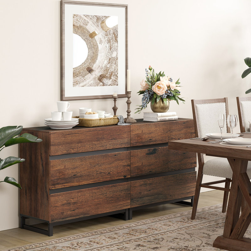 Multifunctional Buffet Sideboards, 2 In 1 Modern Sideboard With 6 Drawers And Metal Base, Storage Cabinet For Kitchen, Coffee Bar Cabinet For Dining Room,Brown