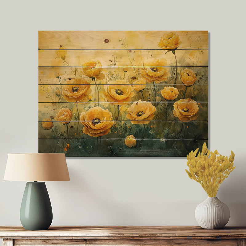 Fleurs de renoncule d'été à la campagne III - reproduction de bois de renoncule - sur bois de pin naturel