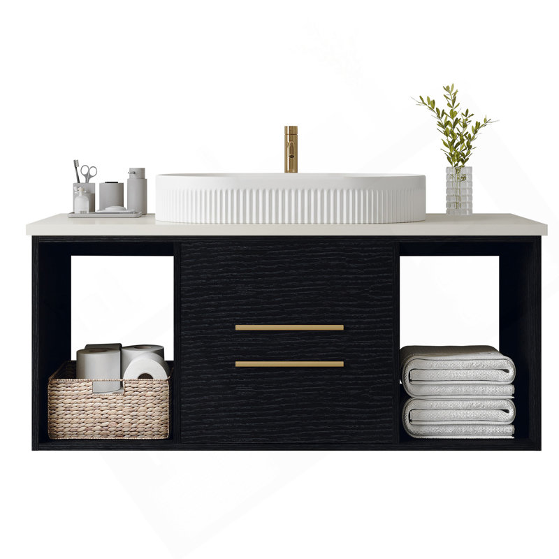 Meuble-lavabo mural moderne 40 po avec meuble-lavabo flottant ovale en céramique, Blanc, Noir