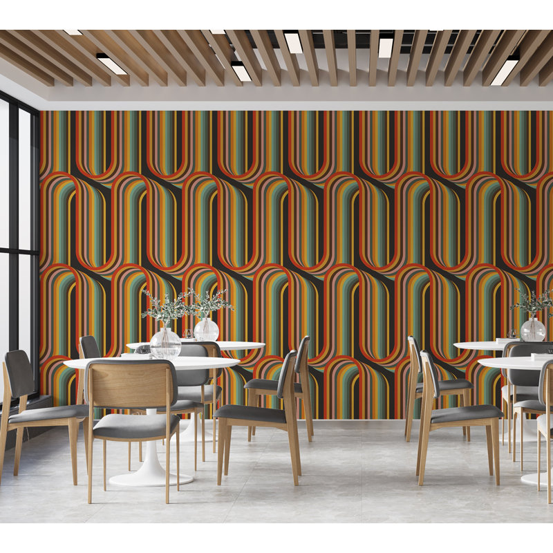 Murale abstraite pelez et collez Lakitsha - Lignes rétro, L 120 po x l 120 po