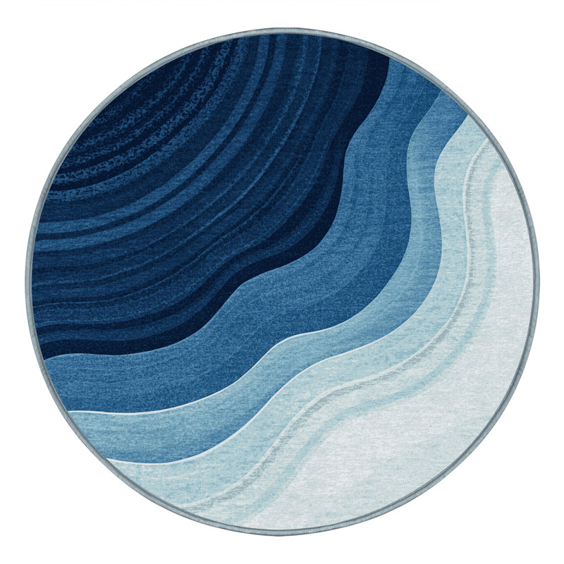 Soft Plush Midwood Contemporary Arc Area Rug in Grey – SkyBlue Binding, 3' Round