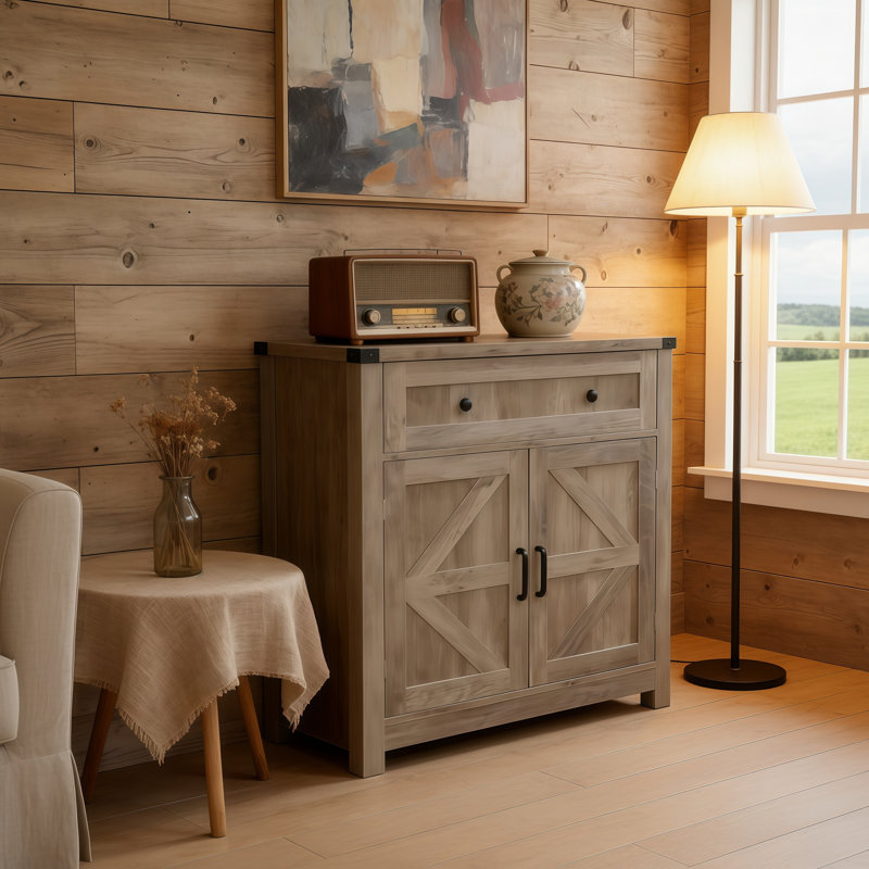 Light Gray Washed Wood Barn Door Storage Cabinet, Farmhouse Style, With Drawers, Suitable For Coffee Bar/Sideboard, Kitchen/Living Room.
