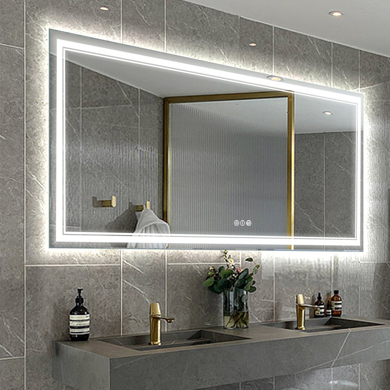  Miroir de salle de bain sans cadre à DEL avec éclairage avant et arrière, antibuée, gradation, Rectangulaire, 60 po x 36 po