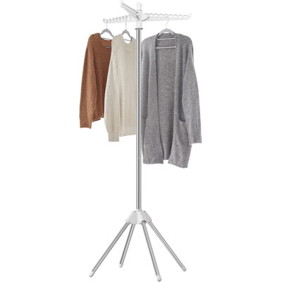 Clothes Drying Rack, 59-Inch Folding Laundry Drying Rack with 3 Rotatable Arms for Hangers, 4 Legs, Stainless Steel, for 27 Pieces of Clothes, White and Silver