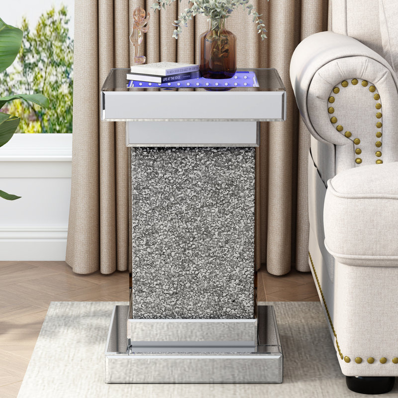 11.8''  Square Mirrored End Table With LED S, Modern Side Table With Crushed Diamond For Living Room, No Assembly Required