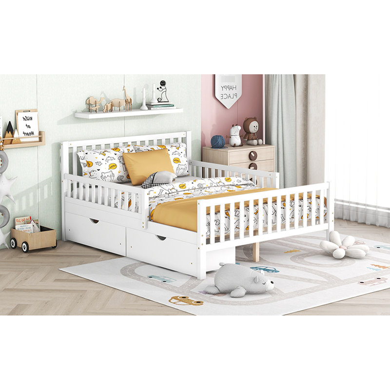 Lit plateforme double en bois pleine grandeur avec garde-corps, décoration blanche, garde-corps de rangement et deux tiroirs pour une chambre à coucher élégante et organisée