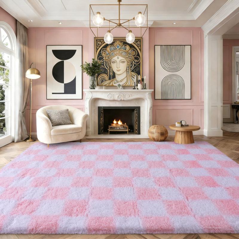 Checkered Fluffy Rug 6x9 Ft Washable Shaggy Fluffy Rug for Bedroom Living Room Plaid Runner Rug Fuzzy Shag Carpet Non-Slip for Kids Toddler Room Nursery Playroom