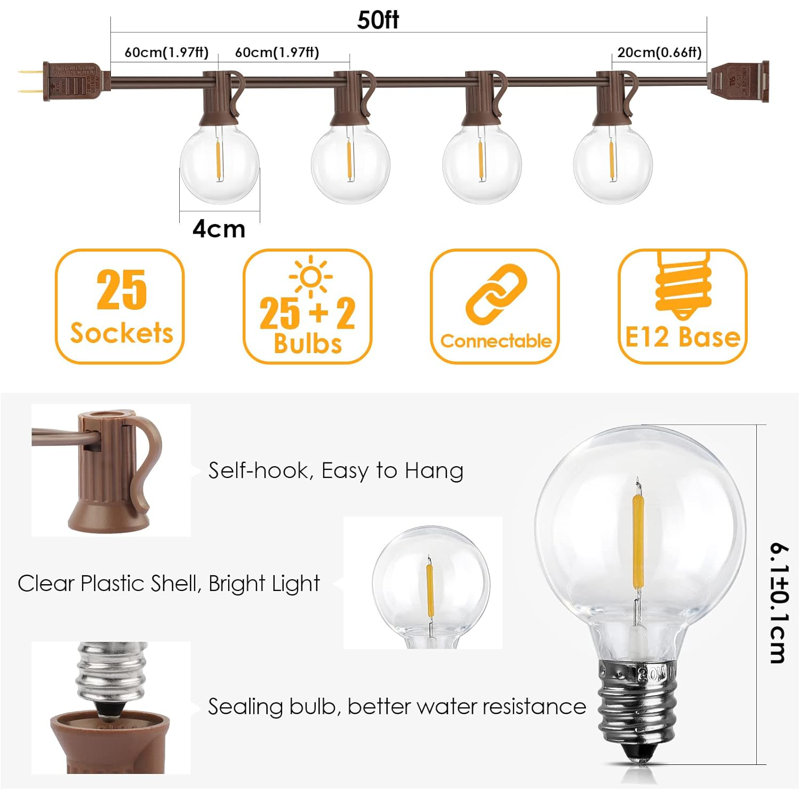 50ft Warm White LED Outdoor Globe String Lights with Brown Wire