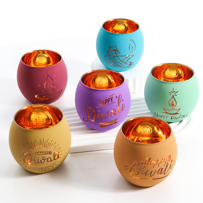 Diwali 6-Piece Glass Tealight Votive Candle Holder Set - Precise Laser Engraving, Durable High-Quality Glass, Decor & Gift