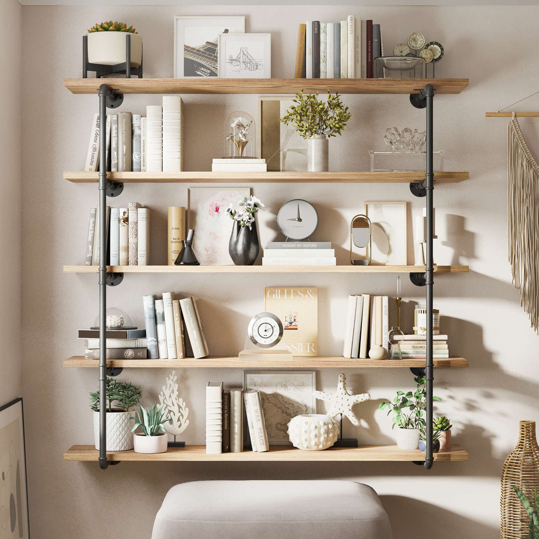 60 inch Industrial Floating Shelves for Wall, Wooden Book Shelves, Wall Mounted Pipe Shelf, 5-Tier, 5pcs Solid Wood Boards Included Kelly Clarkson Home