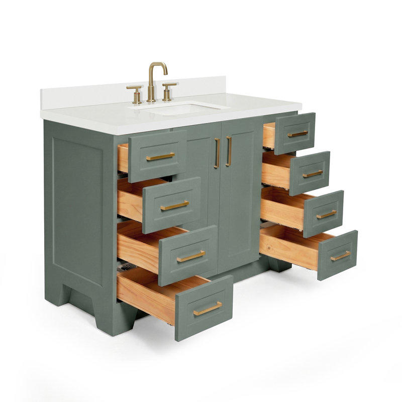 Freitas 48'' Solid Wood Single Bathroom Vanity, Rectangle, White Quartz, Vintage Green