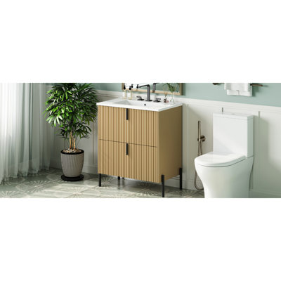 Meuble-lavabo autoportant de 30 po avec lavabo en céramique, tiroirs à extension et mécanisme de fermeture en douceur pour lavabo de salle de bain American Design