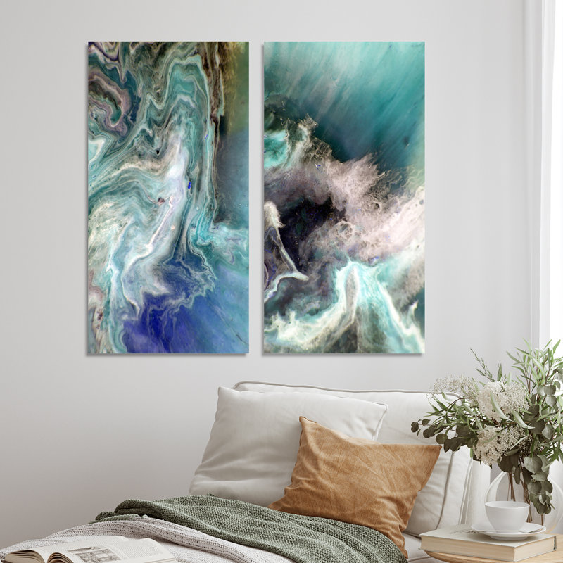 Turquoise, art liquide - ensemble de 2 peintures sur toiles, Toile tendue, H 20 po x l 24 po x P 1 po