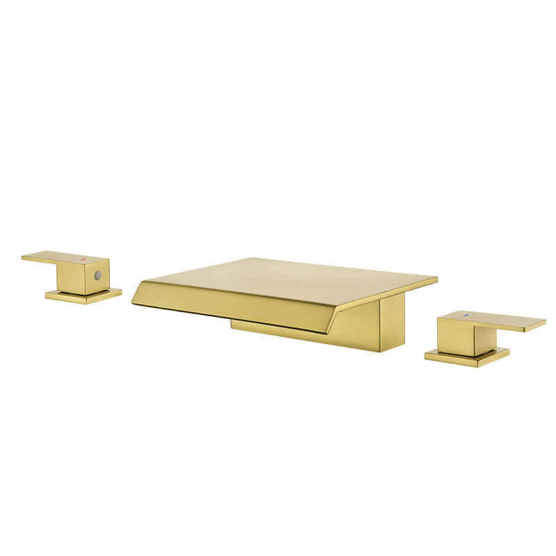 Waterfall Deck Mounted Tub Faucet 3 Hole Bathtub Faucets Modern Brass Double Handle Tub Fillers With Valve, Brushed Gold