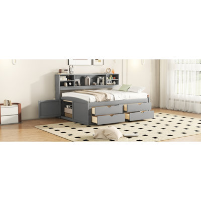 Lit de jour gris avec 2 armoires de chevet, 4 tiroirs et tablettes supérieures - indispensable pour une chambre à coucher moderne