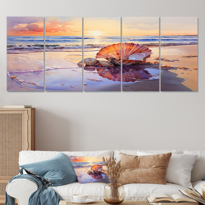 «Coastal Treasures Sunset Seashell I - Coastal Beach», art mural 5 pièces