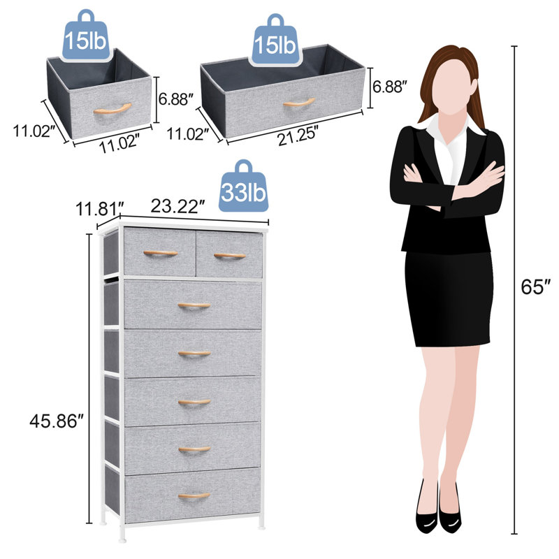 Commode 7 tiroirs 23,22 po, gris clair, Gris clair
