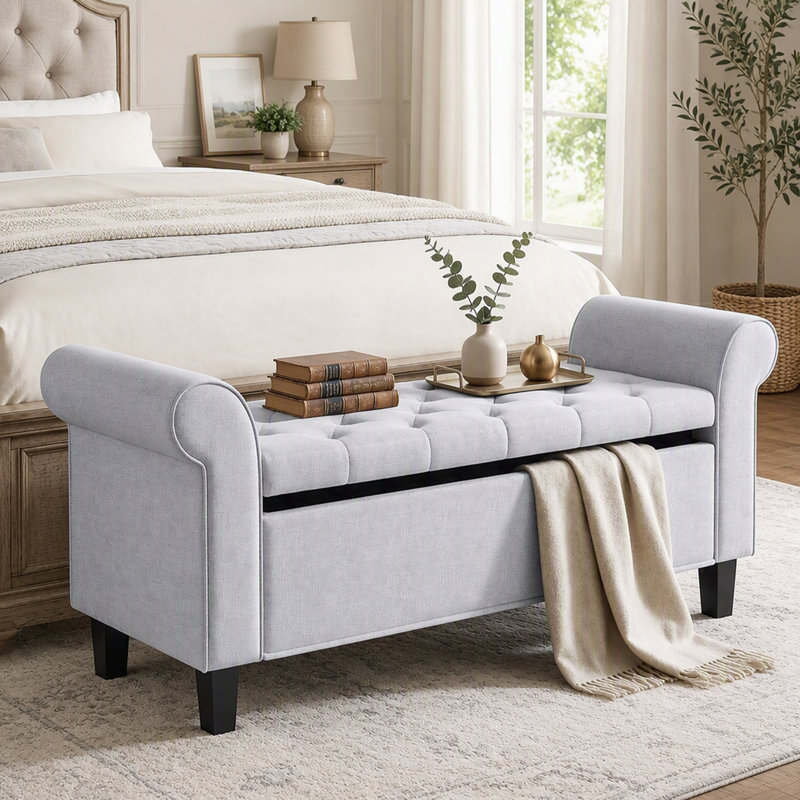 Banc de rangement avec repose-pieds avec siège capitonné et charnière de sécurité, Gris clair
