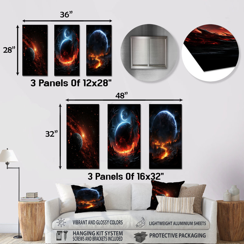 Ensemble de salon orange et noir Comets In Galaxy I - Planète comète, art mural en métal, H 32 po x l 48 po