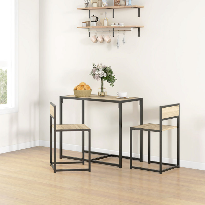 Oak and Black 3-Piece Industrial Dining Table Set with 2 Chairs