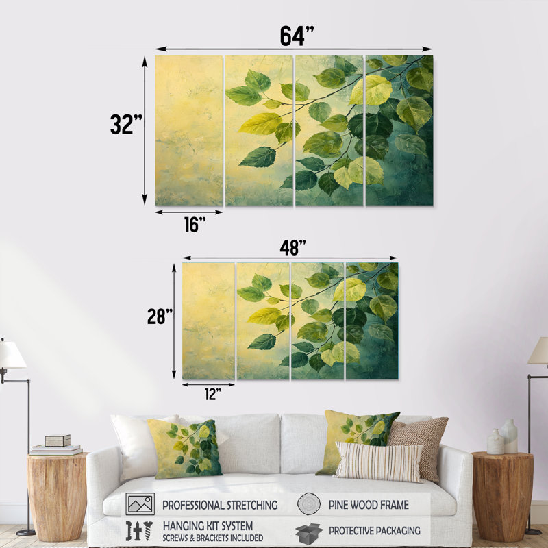 Feuilles d'été vertes - feuillage collage IV - art mural jaune - ensemble d'art mural traditionnel, H 28 po x l 48 po, 4