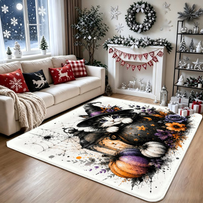 Tapis anti-dérapant Halloween Witch Cat, tapis décoratif en toile d'araignée Spooky Pumpkin, doux tapis de sol artistique pour le salon, la chambre à coucher, la décoration intérieure