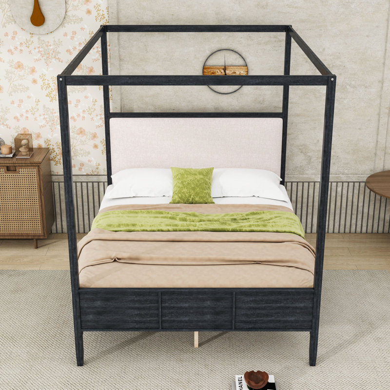 Canopy Bed with Upholstered Headboard, Black, Queen