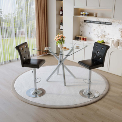 Modern Glass Bar Table and Adjustable Bar Stools Set of 2, Contemporary Counter Height Pub Table with Chrome Legs, PU Leather Swivel Bar Chairs for Kitchen Island, Home Bar, Small Space