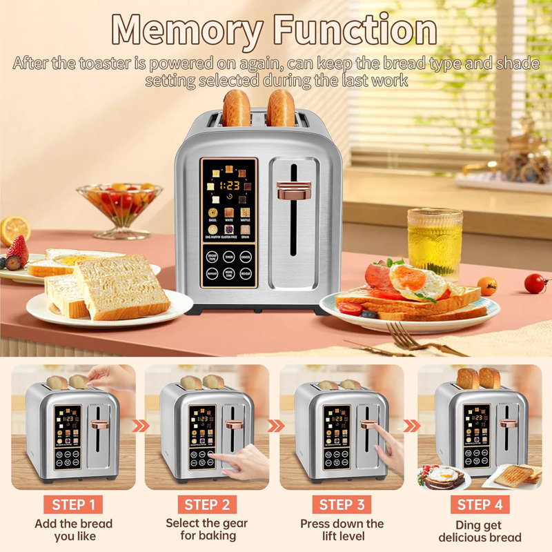 Toaster 2 Slice, Stainless Toaster LCD Display&Touch Button, 50% Faster Heating Speed, Wide Slots, Silver