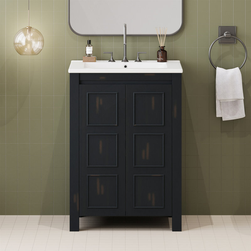 Petit meuble-lavabo de style rétro avec lavabo en céramique, portes à fermeture en douceur pour espaces compacts