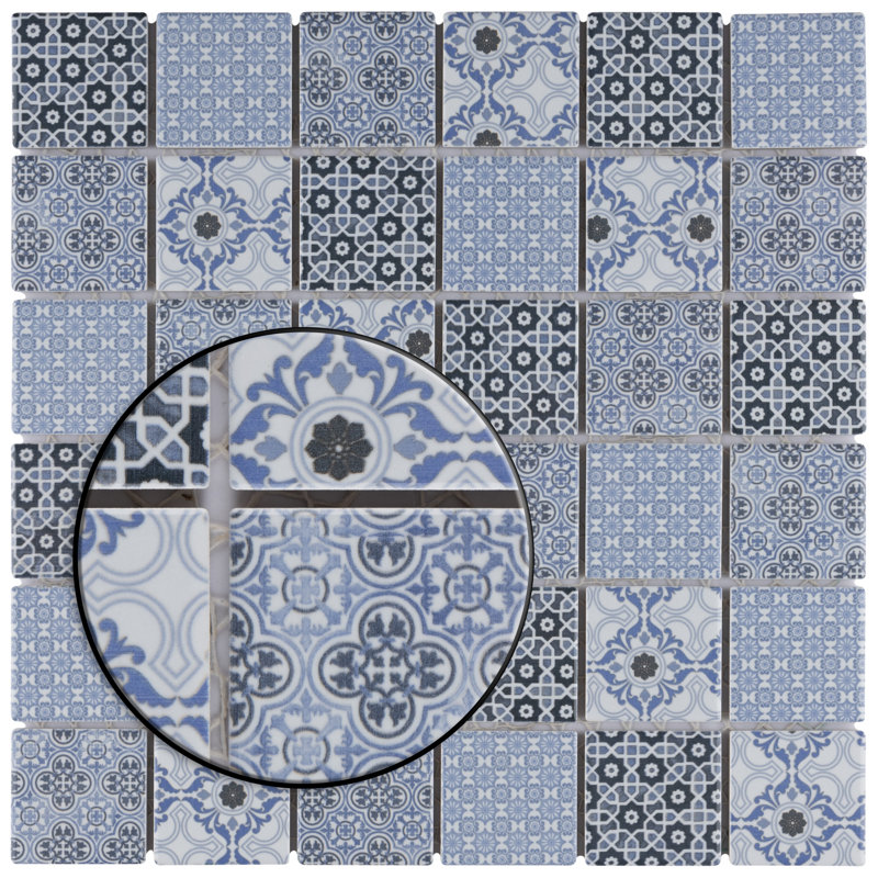 Classico 2" x 2" Porcelain Grid Mosaic Wall & Floor Tile, Blue/White