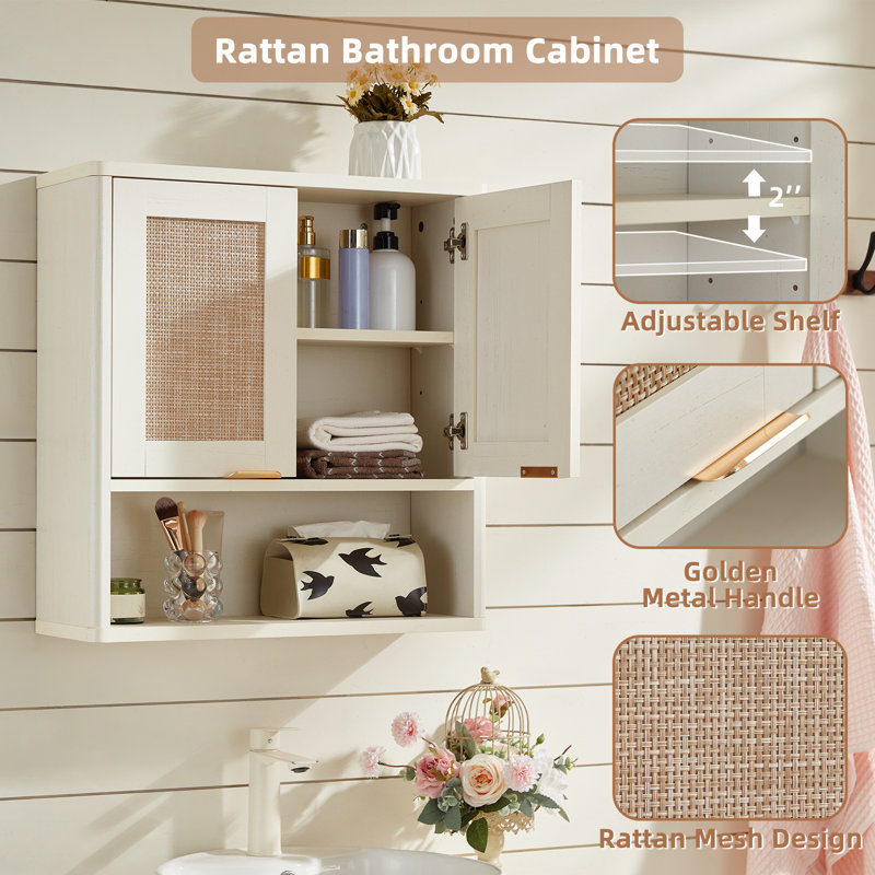 Rattan Bathroom Wall Cabinet, Boho Medicine Cabinet With Adjustable Shelf & Doors, Over The Toilet Storage Cabinets Organizer For Laundry Room, Kitchen, Living Room