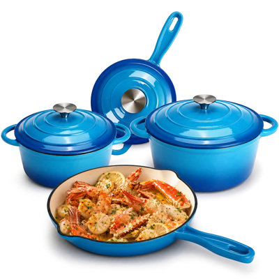 Batterie de cuisine Pirecart en fonte émaillée antiadhésive, 7 pièces, compatible gaz/induction, bleue