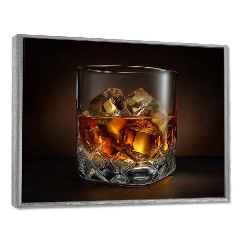 «Glass Of Whiskey», impression sur toile jaune, H 30 po x l 40 po, Cadre flottant, Argent argent