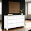 Commode large Heno, 7 tiroirs de rangement, poignées rondes en nickel, blanc