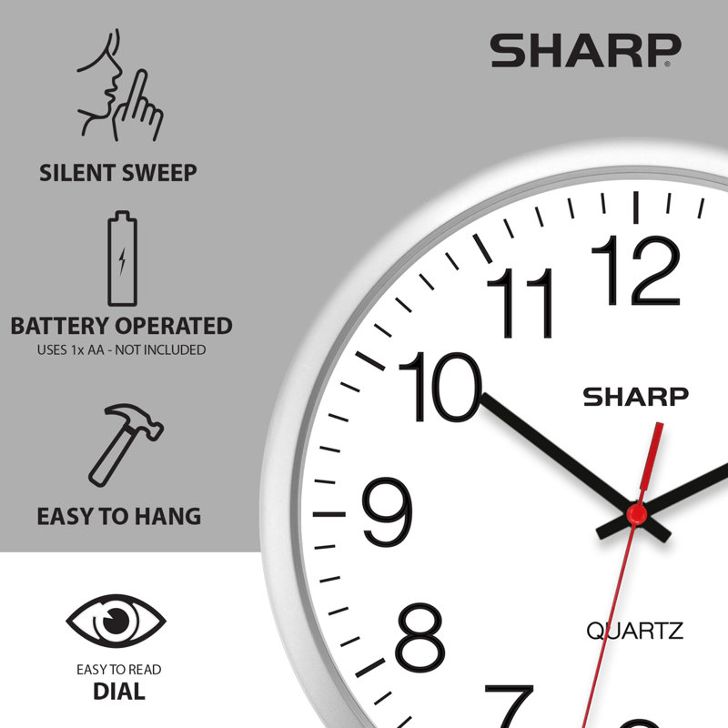 Sharp Silver 14 Inch Quartz Wall Clock with Silent Sweep Movement