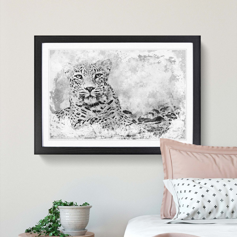 Leopard Resting in Abstract - Picture Frame Painting Print on MDF, Black Framed, 27cm H x 36cm W x 2cm D