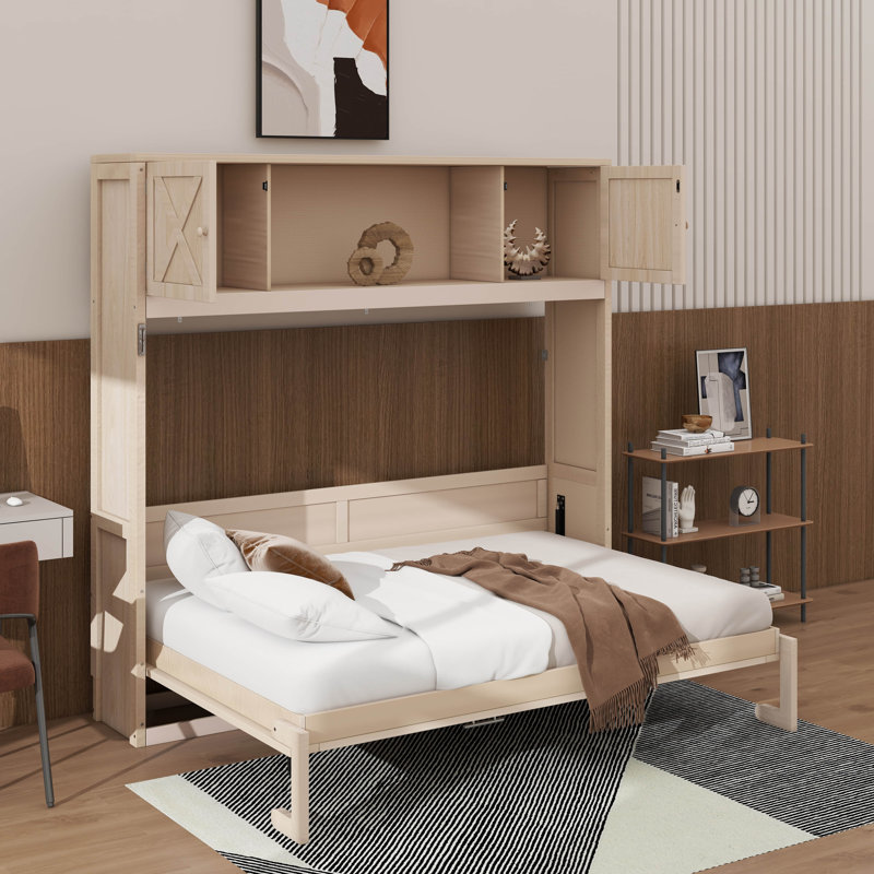 Grand lit escamotable avec armoires de rangement, Beige