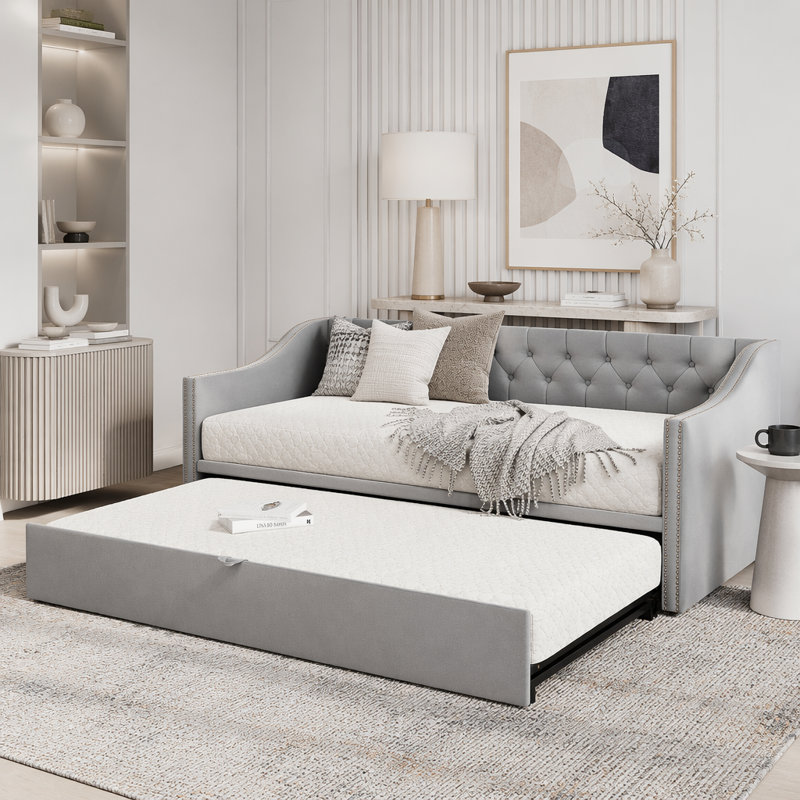 Upholstered daybed with Pop Up Trundle, Gray