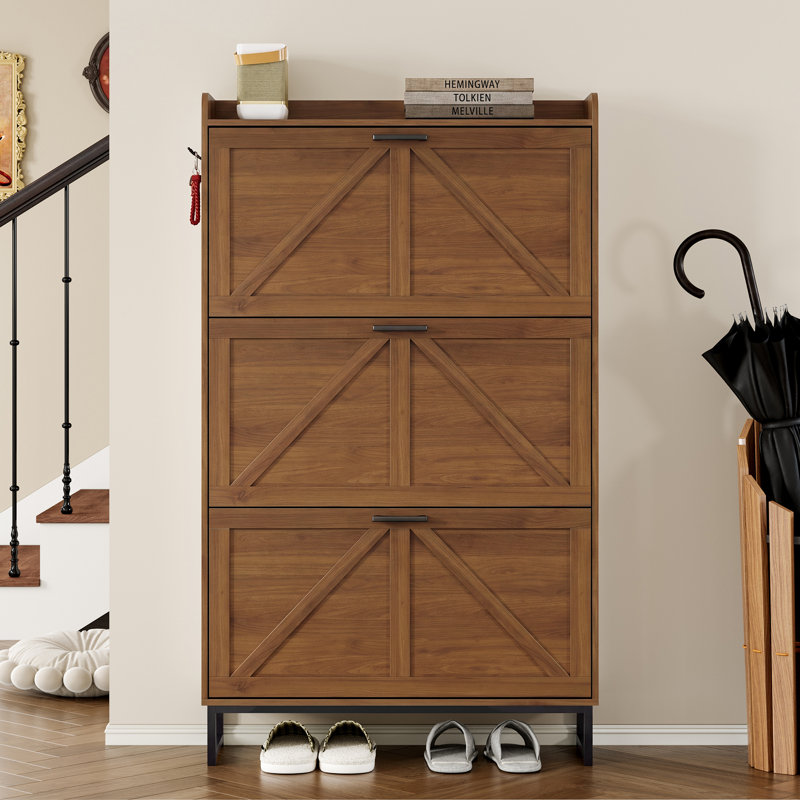 3-Tier Flip-Top Safety Shoe Cabinet with Anti-Tip Mechanism—Essential Entryway Storage Solution, Walnut