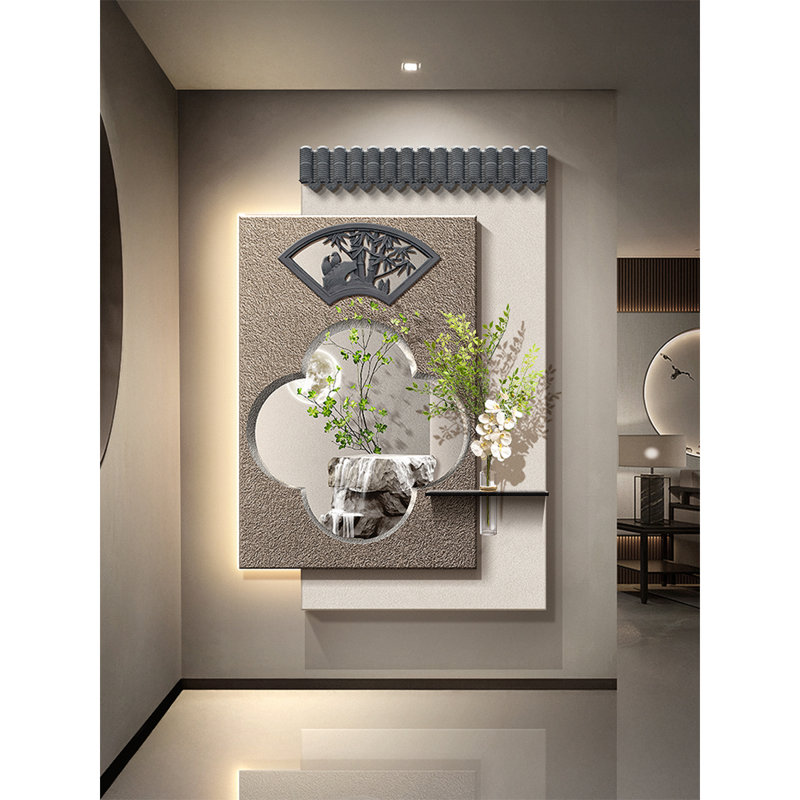 Nouvelle présentation de plantes vertes hydroponiques en grès de style chinois avec peintures murales illuminées