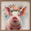 Cochon rose avec couronne de fleurs blanche encadrée sur bois