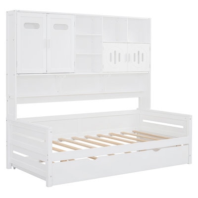 Wooden Daybed With Twin Size Trundle, And All-In-One Cabinet And Shelf