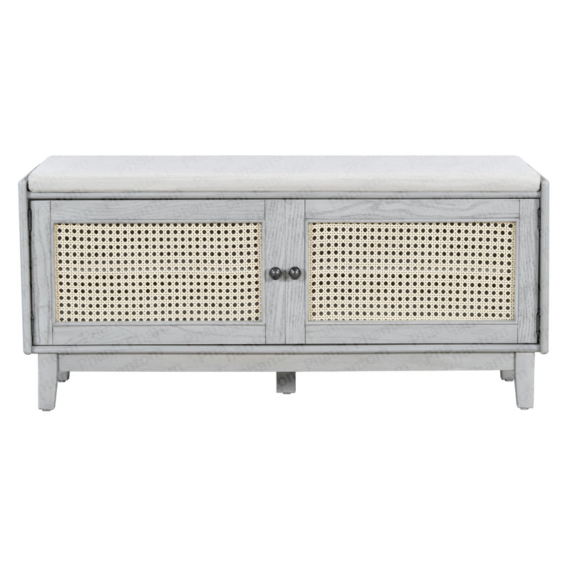 Boho Rattan Entryway Bench With Storage, Cushioned Shoe Bench With Double Doors, Wooden Shoe Organizer Bench For Entryway And Hallway (Gray Wash+Beige )