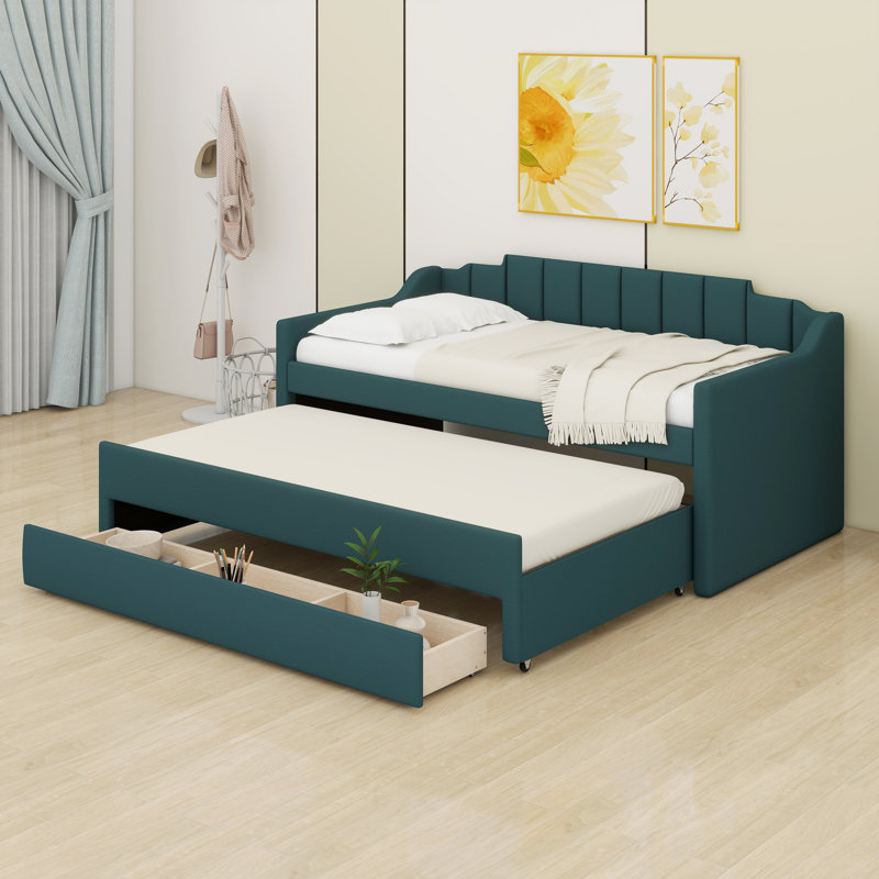 Lit de jour simple rembourré avec lit gigogne et trois tiroirs, canapé-lit, base de lit en bois avec accoudoirs inclinés, aucun sommier nécessaire
