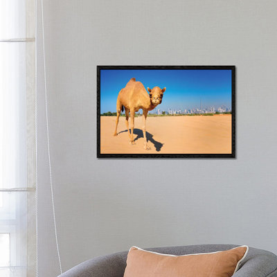 Camel In The Dessert With Dubai Skyline by Susanne Kremer - Floater Frame Gallery-Wrapped Canvas Giclée on Canvas