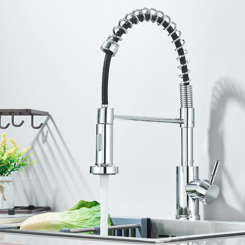 Robinet de cuisine chromé avec douchette rétractable à poignée simple et robinet de cuisine à un trou pour évier extérieur