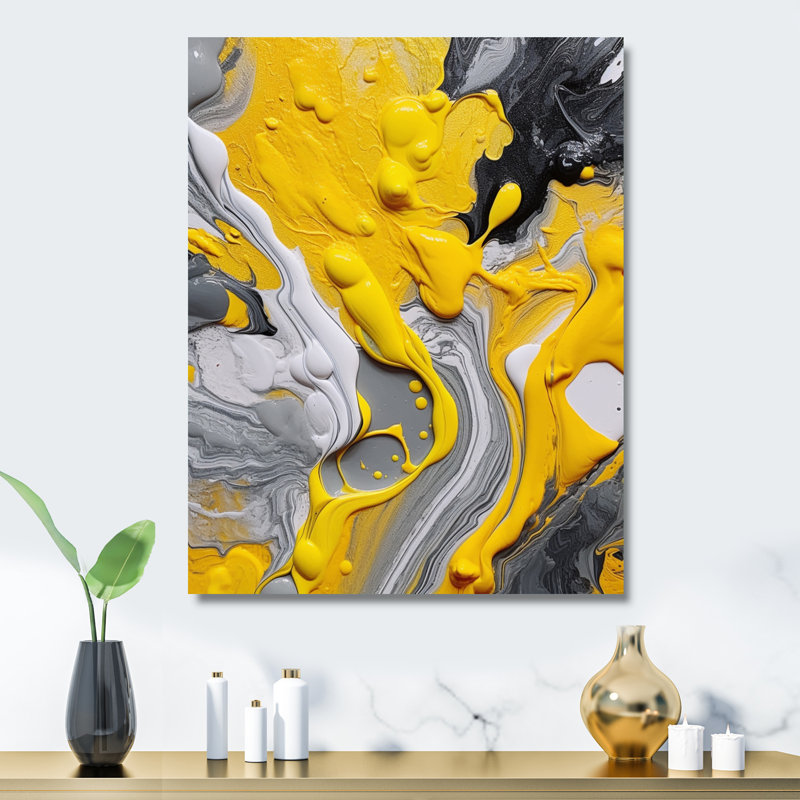 Jaune, gris, cosmique, vibrations II, formes abstraites, impressions sur métal, H 44 po x l 34 po