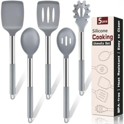 5Pcs Silicone Cooking Utensils Set, Heat Resistant Kitchen Tools Include Solid&Slotted Spatula, Cooking Spoon and Pasta Server, Silicone Kitchen Utensils set for Nonstick Cookware Flipping, Gray